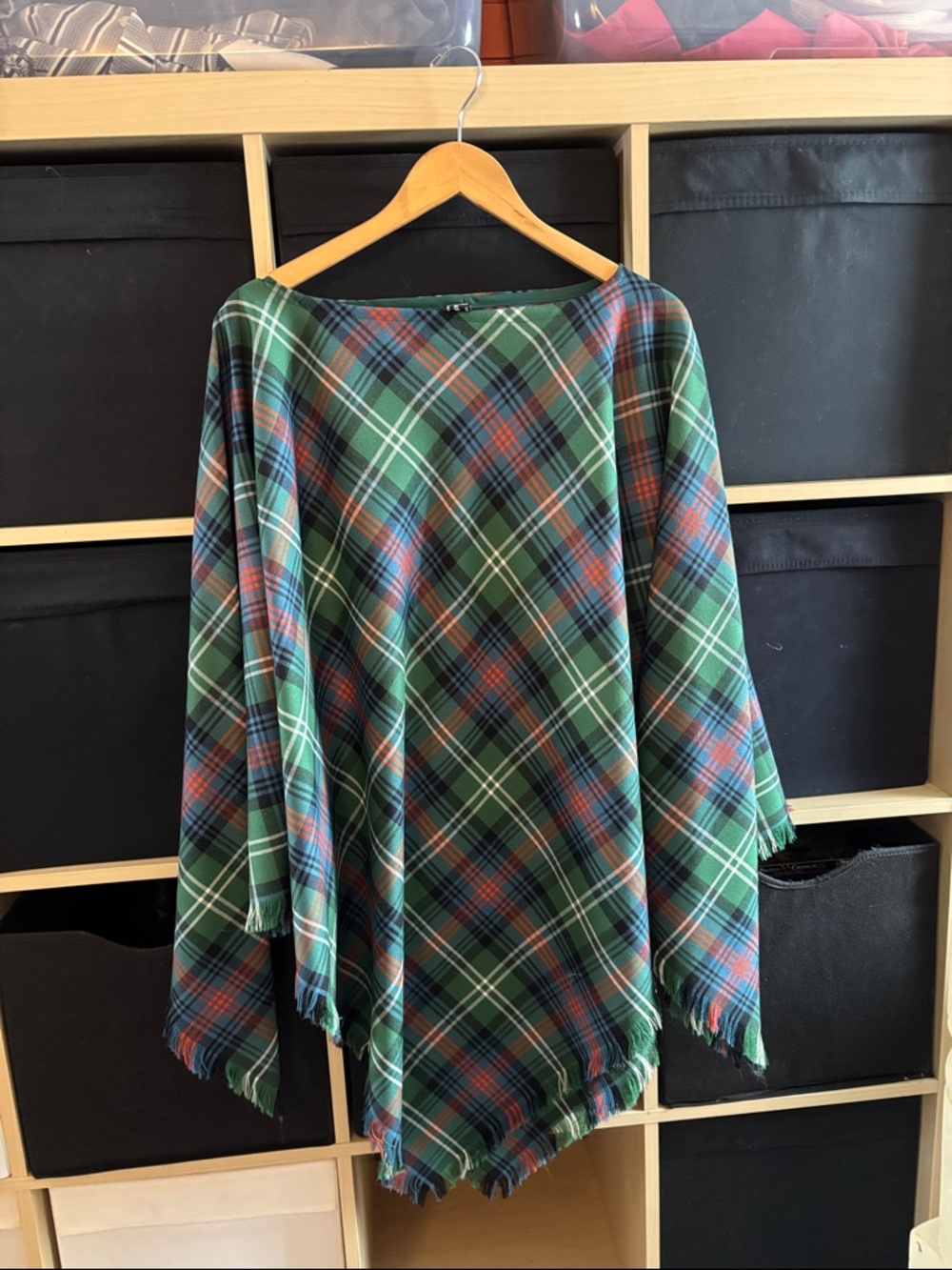 Strathmore Scottish Wool Tartan Plaid Fringe Poncho in Green and Blue